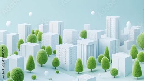 3D isometric rendering of a city landscape featuring trees and buildings in the background, a blue sky, and a color palette of white and green. 