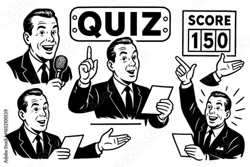 Quadro em tela Game show host with quiz signs and prize money in retro comic style, Transparent