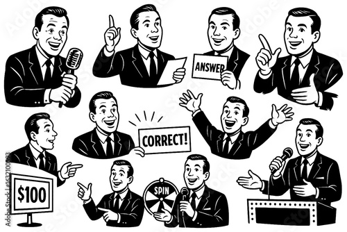 Photography Game show host with quiz signs and prize money in retro comic style, Transparent
