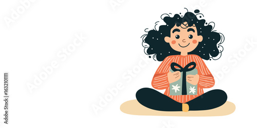 vector illustration of a little girl with a wrapped surprise space for text