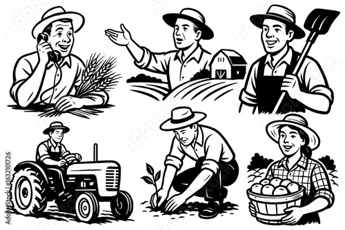 Wallpaper Mural Farmers planting, harvesting, and working the land in retro comic style, Transparent Background Torontodigital.ca