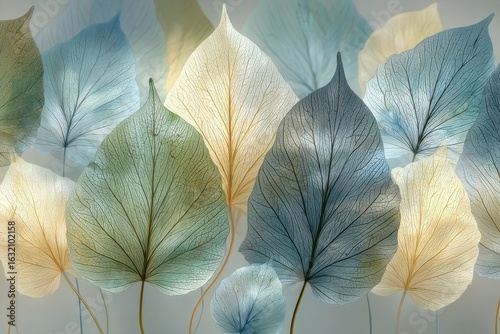 Translucent Blue, Green, and Yellow Leaves with Delicate Veins Abstract Nature Art