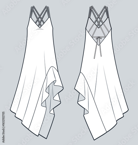 Asymmetrical Hem Dress Technical Fashion Illustration. Crisscross Strap Dress fashion flat technical drawing template, back tie, bias cut,  V neck, front and back view, white, women CAD mockup.