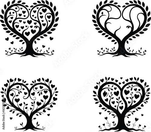 Four stylized black silhouette heart shaped trees with leafy branches and small hearts