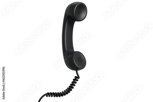 Black phone handset with spiral cord on transparent background