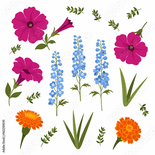 A floral arrangement featuring purple petunias, blue delphiniums, and orange marigolds, complemented by various green leaves and stems on a white background.