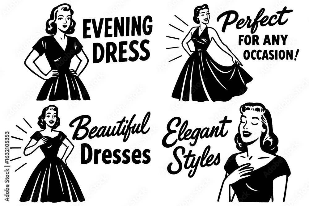 Obraz premium Retro women’s fashion ad with vintage dresses and promotional slogans, Transparent Background