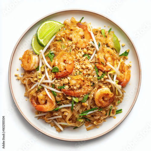 A plate of authentic Thai Pad Thai stir-fried noodles with shrimp, peanuts, bean sprouts, and lime wedges, garnished with fresh cilantro, offering a zesty, flavorful meal.
