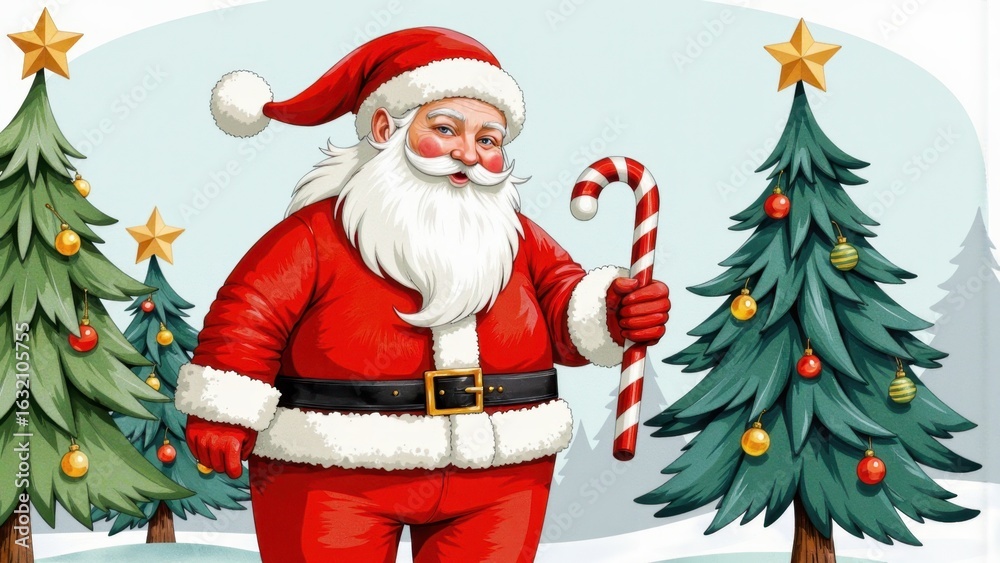 Fototapeta premium Jolly Santa Claus with Candy Cane, Festive Christmas Trees, Vintage Illustration Style