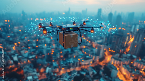 Smart drone delivering goods against a city backdrop, low-altitude economy concept