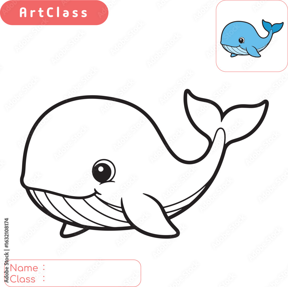 Fototapeta premium Cute coloring page of a smiling whale. Simple vector illustration for children's activities, printable worksheets, and educational projects. Perfect for kids to learn about sea creatures.