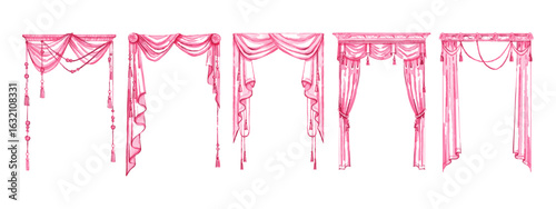Pink watercolor curtains frame set, window vintage drapery illustration, elegant interior door decor. Retro room entrance fabric decoration, classic antique drapes. Wedding vector curtains frame print