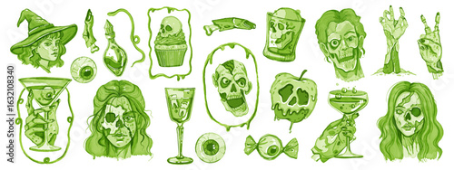 Halloween zombie party horror set, hand drawn watercolor scary holiday illustration, green eyeball. Undead monster female male character face, spooky skull, hand with cocktail. Halloween party decor