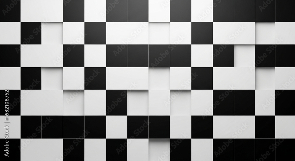 Fototapeta premium Abstract background featuring a distorted black and white checkerboard pattern. Digital glitch art with fragmented geometric squares creating a chaotic visual effect.