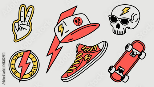 Illustrated Skateboard Culture Elements Peace Sign Skull Shoe and More.