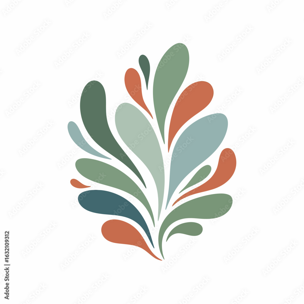 Naklejka premium Abstract illustration of a stylized plant or floral element with teardrop-shaped leaves in shades of green, blue, and orange on a white background.