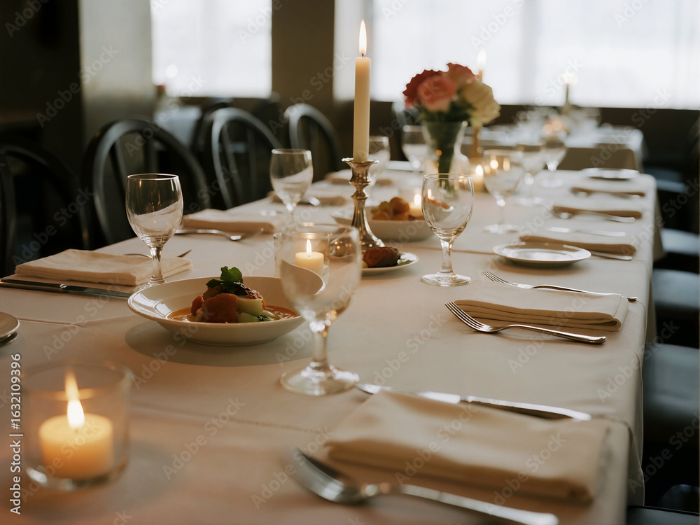 Fototapeta premium Romantic Dinner Table with Candles and Flowers