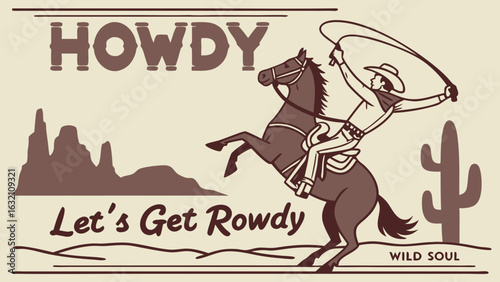 Retro Cowboy Riding Horse Lassoing Wild West Scene.