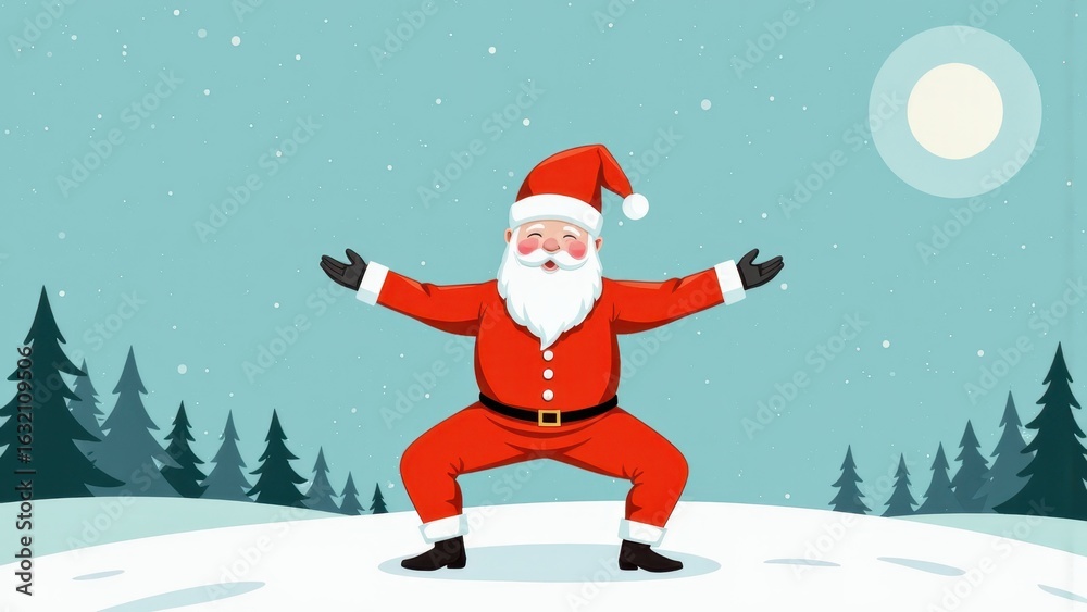 Naklejka premium Cheerful Santa Claus Christmas Yoga Pose, Winter Wonderland Background, Festive Cartoon Illustration