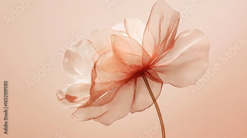 Photograph of a delicate, transparent flower made from sheer fabric, in a muted pink color, against a solid beige background. 