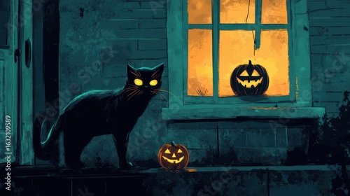 Spooky halloween night with black cat and glowing jack o lantern
