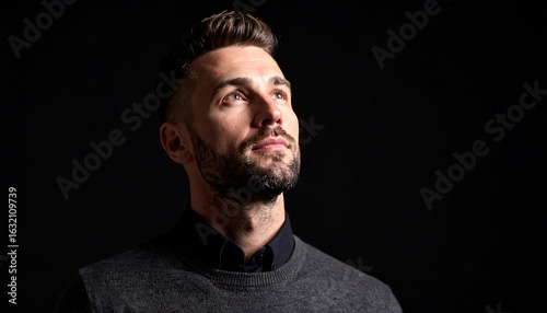 Man looking upward, thoughtful expression