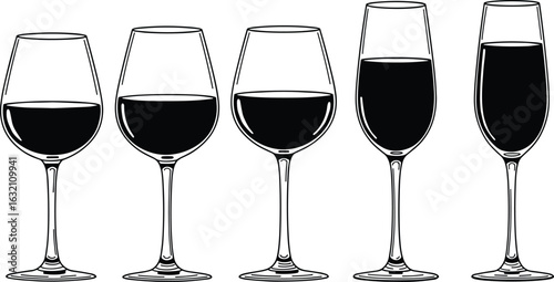 Set of five wine glasses, filled with dark wine, elegant black silhouette vector, isolated transparent background, drinkware collection, bar icon design, celebration element illustration

