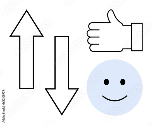 Up and down arrows, a thumbs-up gesture, and a smiling face convey feedback, evaluation, positivity, decision-making, rating systems, user experience and emotions. Ideal for simple landing page