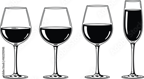 Set of wine glasses, different shapes, full of wine, black silhouette, elegant glassware design, vector illustration, alcohol drink icons, transparent background, bar decoration element

