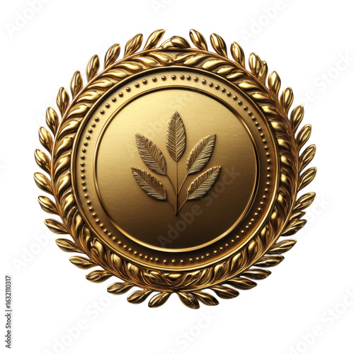 Golden laurel wreath emblem with leaves, symbol of achievement, success on transparent background