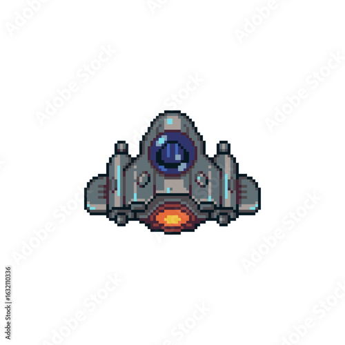 Futuristic pixel art spaceship in gray-blue tones with a sleek, compact design. Scout ships in pixel-based sci-fi games.