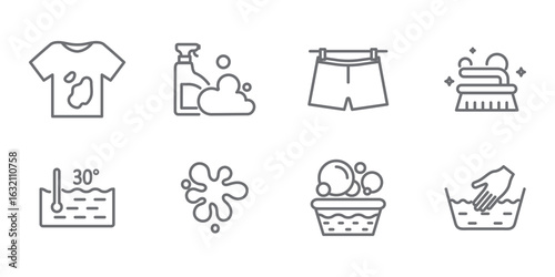 Self-service laundry, hand washing, laundry service, linear set isolated on transparent background. Dirty T-shirt linear icon, spot, hand wash, dry on air, etc. Lingerie line icons. Editable Stroke.
