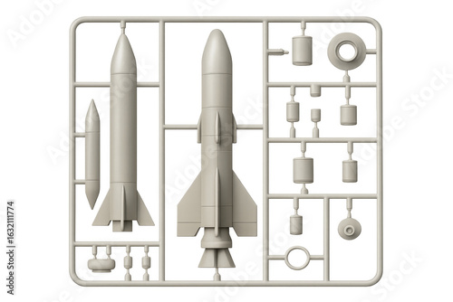 Plastic model kit of space rocket components on sprue with transparent background