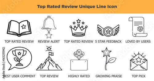 Top Rated Review Line Icons Black Vector Feedback, 5 Star Rating, User Comment, Best Review, Quality Badge Symbol Set.