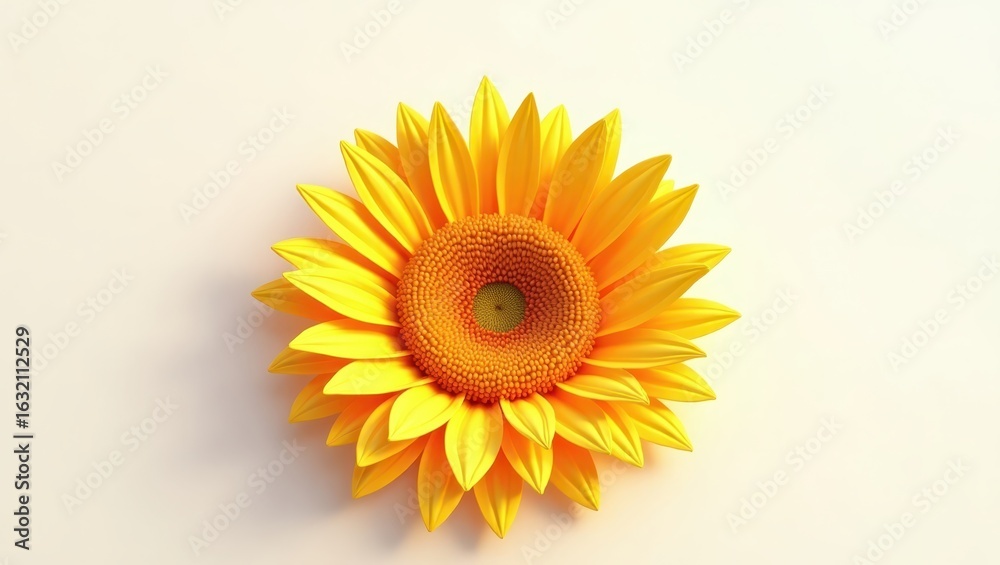Fototapeta premium Vivid yellow sunflower on a light beige background.