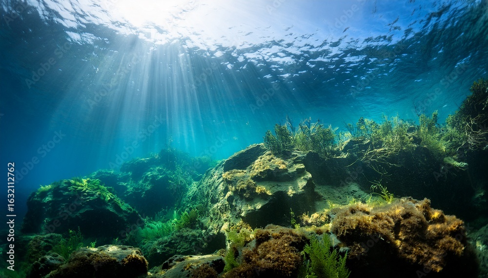 Obraz premium captivating underwater moment with dramatic lighting and serene beauty in a tranquil aquatic environment