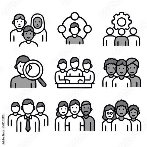 Nine teamwork icons representing diverse individuals collaborating effectively. Suitable for business presentations, websites, and teambuilding materials.