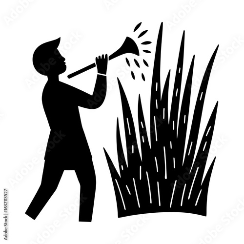 Person blowing horn announcing arrival near tall grass vector silhouette