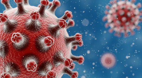 Hyperrealistic 3D Close-Up of COVID-19 Virus in Microphotography Style with Spike Proteins and Cinematic Lighting in a Scientific Fluid Background