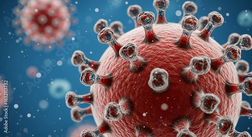 Hyperrealistic 3D Close-Up of COVID-19 Virus in Microphotography Style with Spike Proteins and Cinematic Lighting in a Scientific Fluid Background