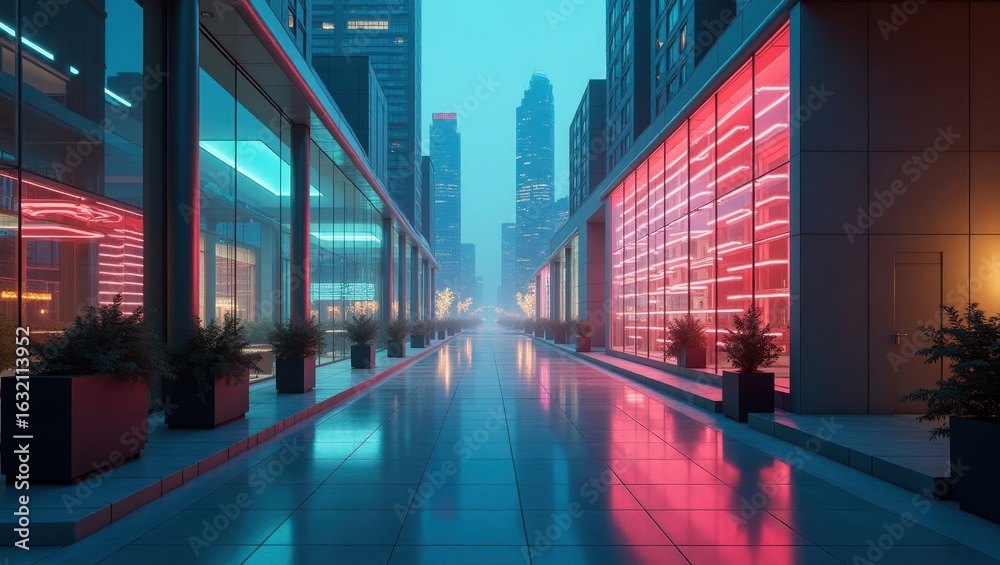 Fototapeta premium Neon-lit city street at night.