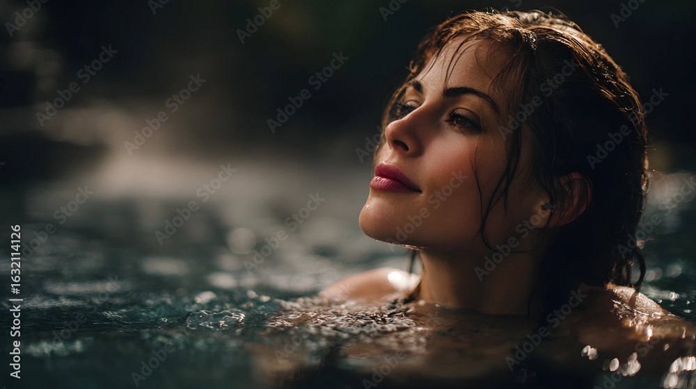 Obraz premium Woman relaxing in an outdoor hot spring surrounded by nature