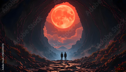 Silhouetted Figures Observing Fiery Red Moon in Vast Cave