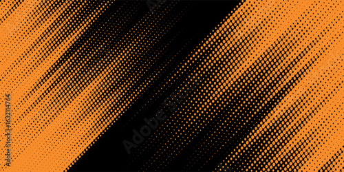Black halftone pattern. Retro comic gradient background. Bright orange pixel dotted texture overlay. Cartoon pop art faded gradient pattern.vector background