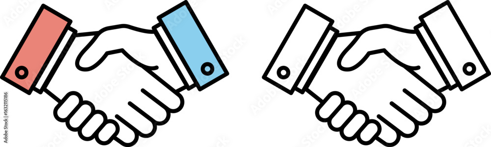 Fototapeta premium Two hands shaking, one with a red sleeve and the other with a blue sleeve, symbolizing partnership and collaboration.