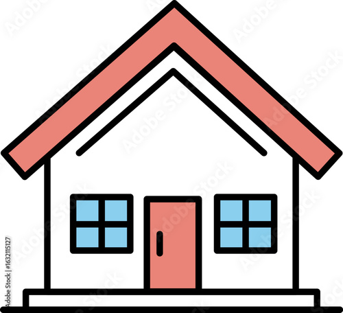 A simple and modern illustration of a house featuring a red roof, white walls, and blue windows.
