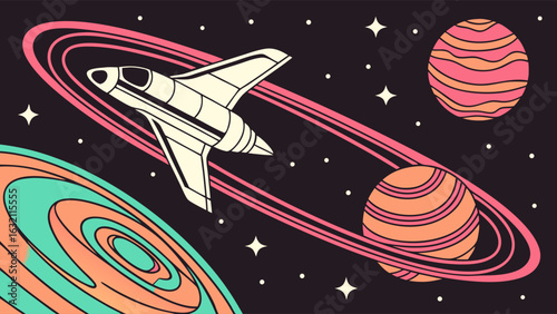 Colorful Space Rocket and Planets in Orbit.
