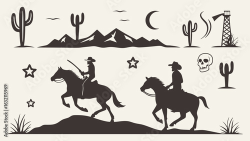 Silhouette Cowboys Riding Horses Across Desert Landscape.