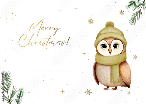 Merry christmas card with place for text and watercolor owl. Minimal holiday design with white background