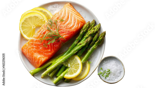 Plate of salmon, asparagus, and lemon